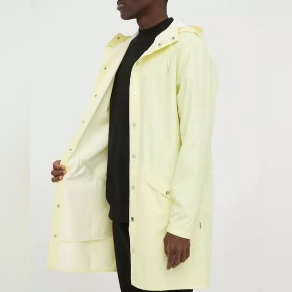 NWT RAINS Unisex Long Waterproof Jacket Full Snap Hood Pockets Sizes S,M, L. - Picture 2 of 10